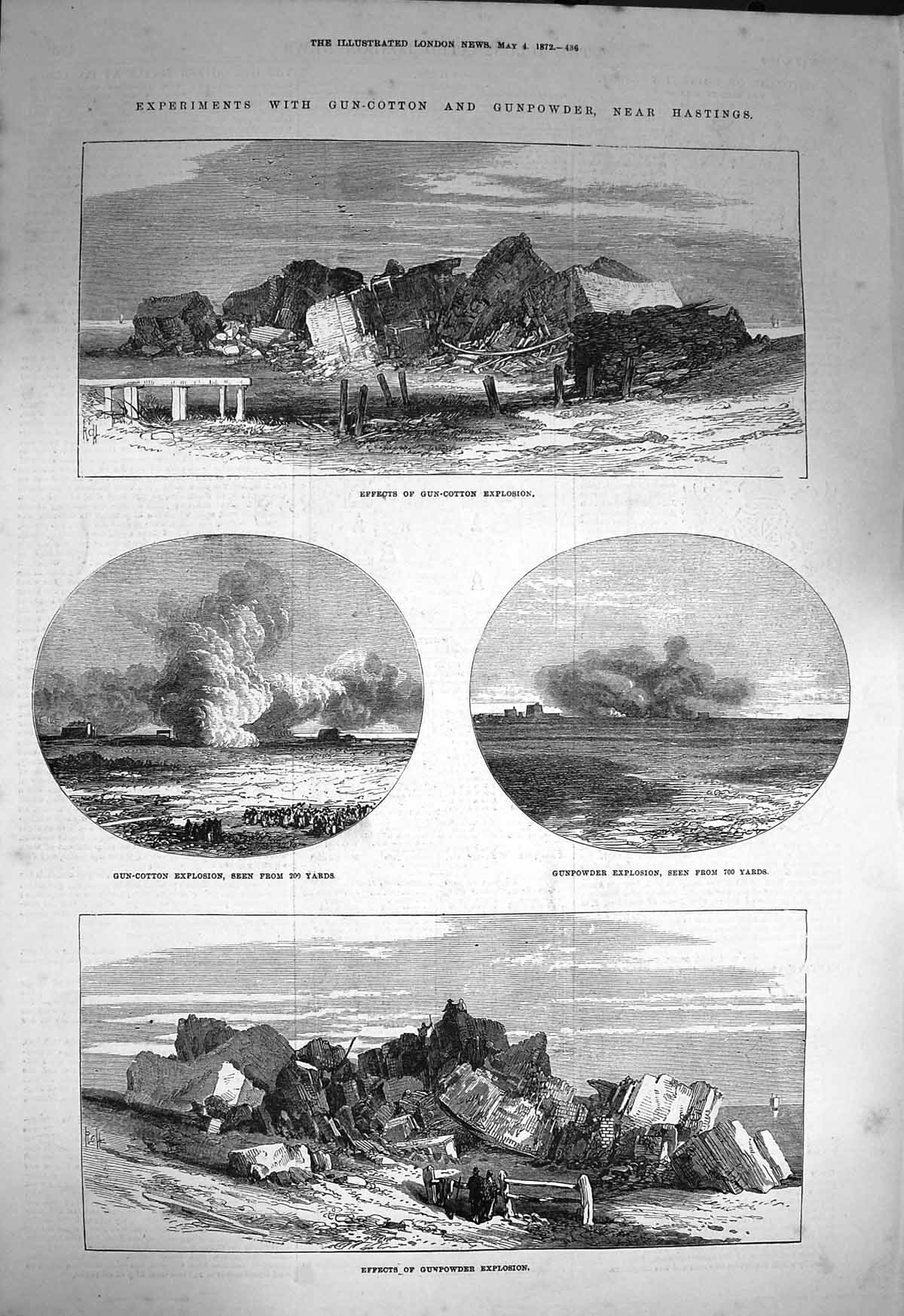 Original Old Antique Print 1872 Gun-Cotton Explosion Experiments Hastings 19th