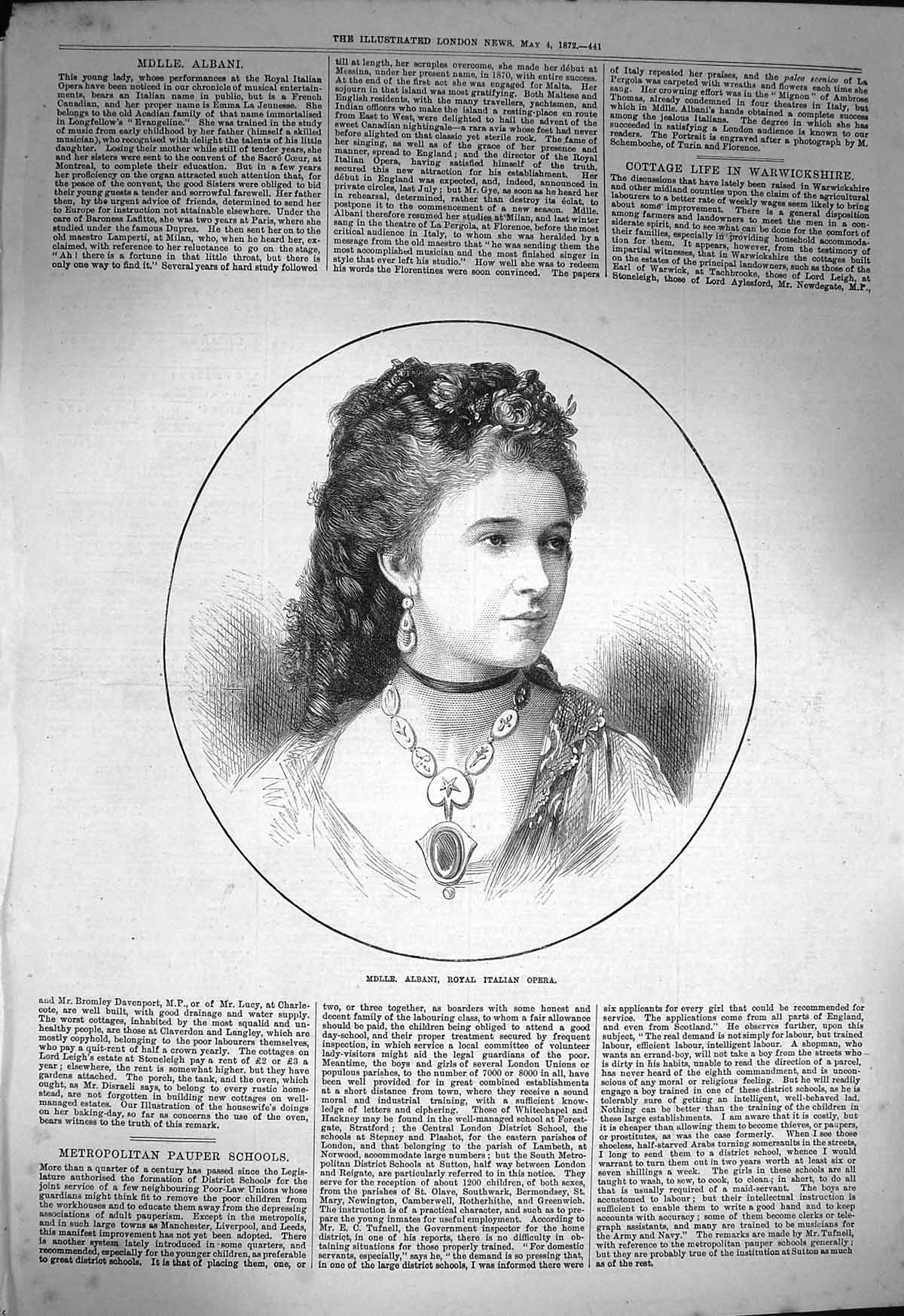 Original Old Antique Print 1872 Portrait Mdlle. Albani Royal Italian Opera 19th