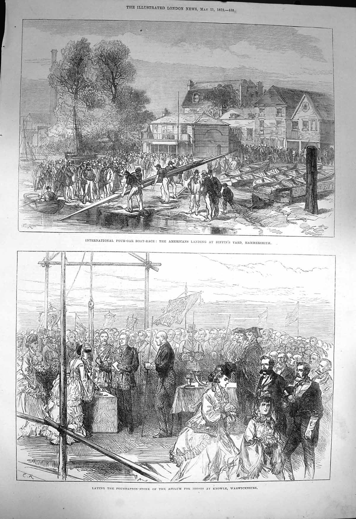 Original Old Antique Print 1872 Four-Oar Boat Race Hammersmith Asylum Knowle