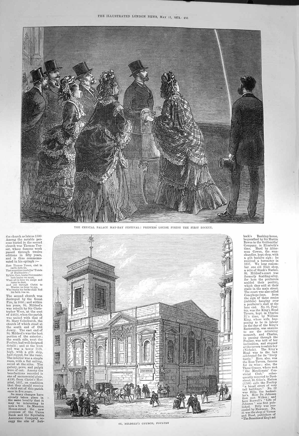 Old Antique Print 1872 Crystal Palace May-Day Festival Mildred'S Church 19th