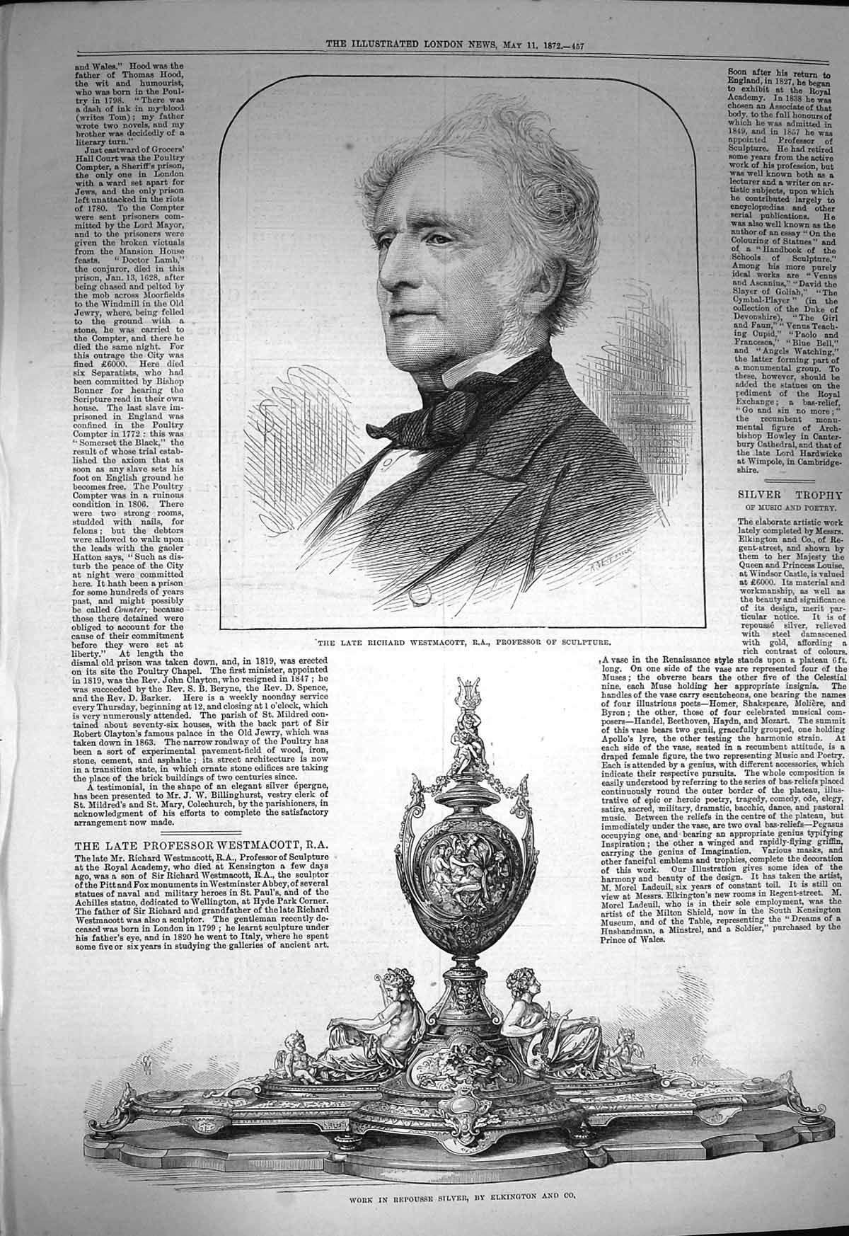 Original Old Antique Print 1872 Richard Westmacott Sculpture Elkington Silver