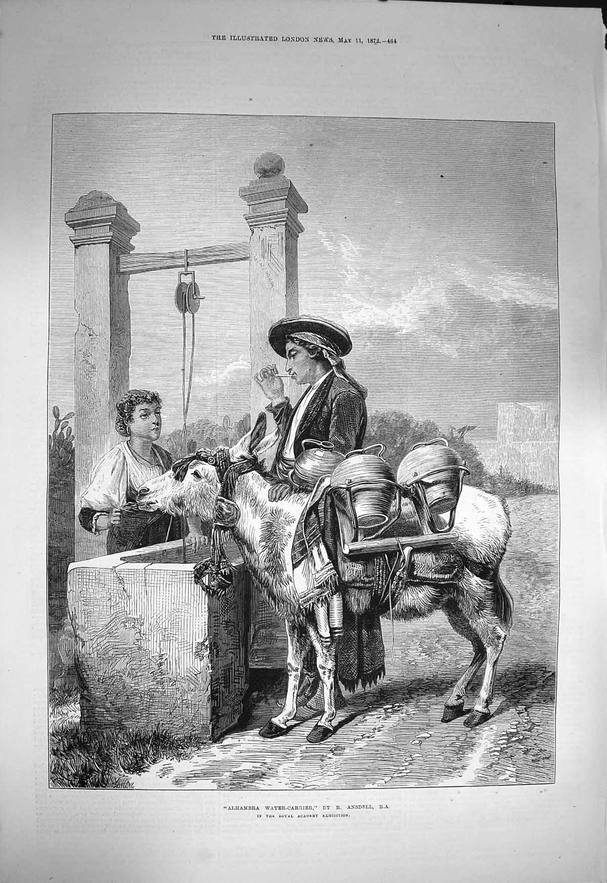 Original Old Antique Print 1872 Alhambra Water Carrier Donkey Well Ansdell 19th