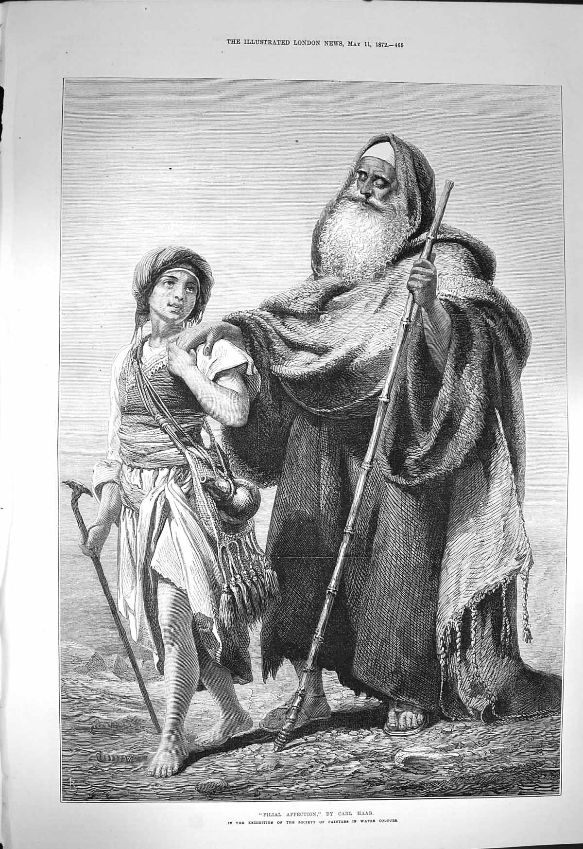 Original Old Antique Print 1872 Filial Affection Shepherd Man Girl Carl Haag