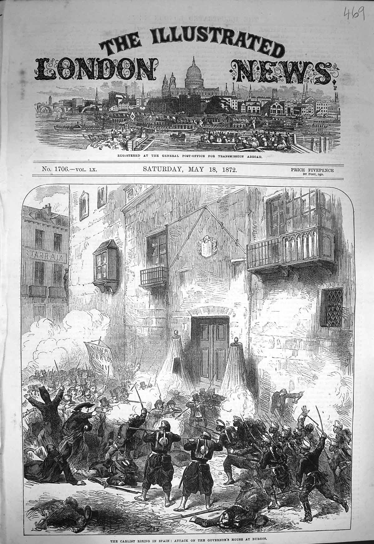 Original Old Antique Print 1872 Carlist Rising Spain Governor'S House Victorian