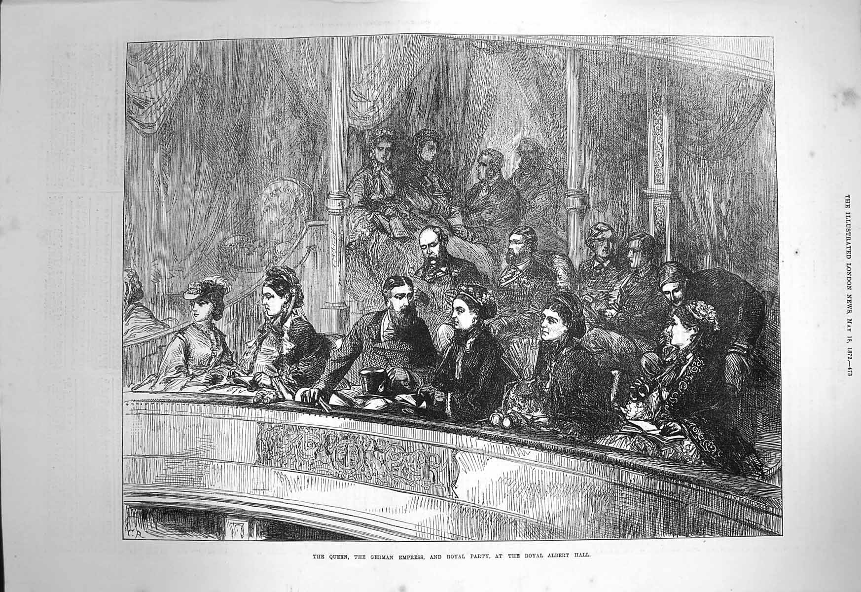 Old Antique Print 1872 Queen German Empress Royal Party Albert Hall Box 19th