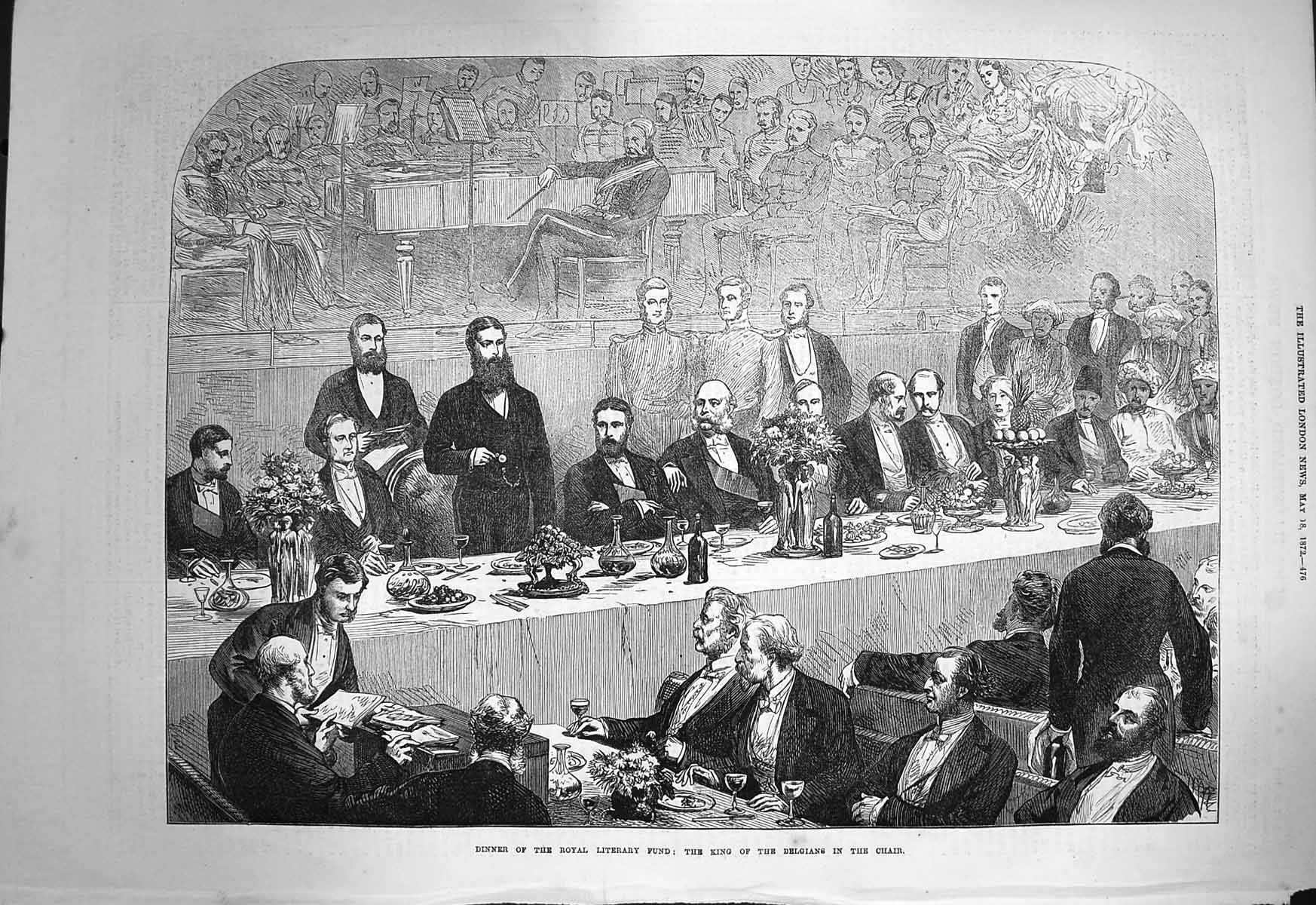 Original Old Antique Print 1872 Dinner Royal Literary Fund King Belgians Chair