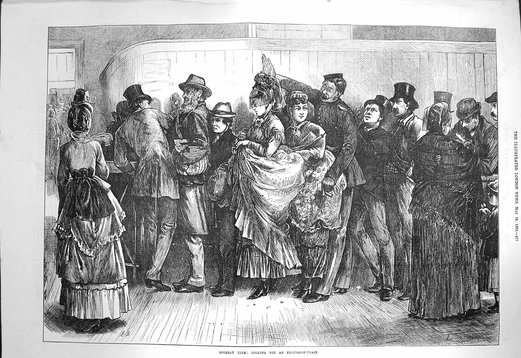 Original Old Antique Print 1872 Holiday Time Booking Excursion Train Passengers