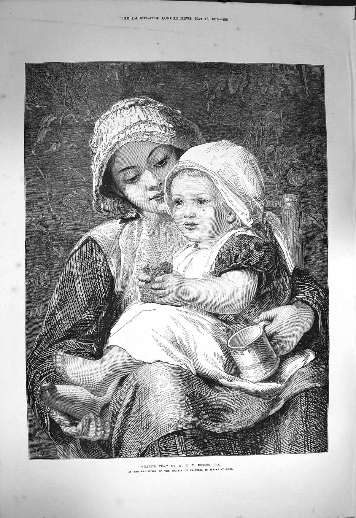 Original Old Antique Print 1872 Baby'S Tea Mother Child Dobson 19th
