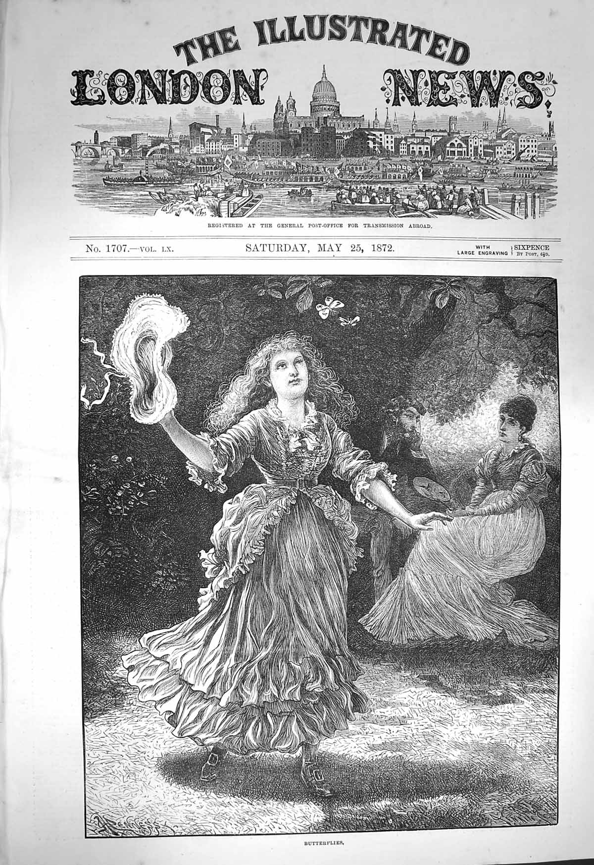 Original Old Antique Print 1872 Girls Chasing Butterflies Garden 19th