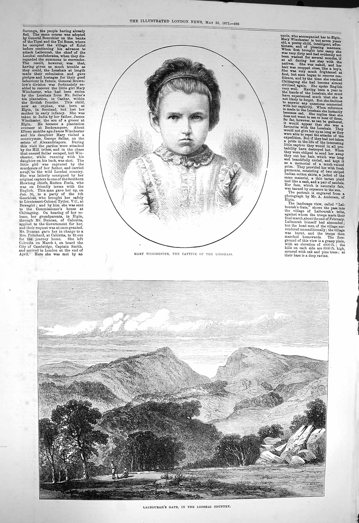 Original Old Antique Print 1872 Mary Winchester Looshais Lalbourah'S Gate M 19th