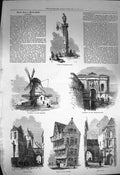 Original Old Antique Print 1872 Antwerp Windmill Prison Houses Fortifications
