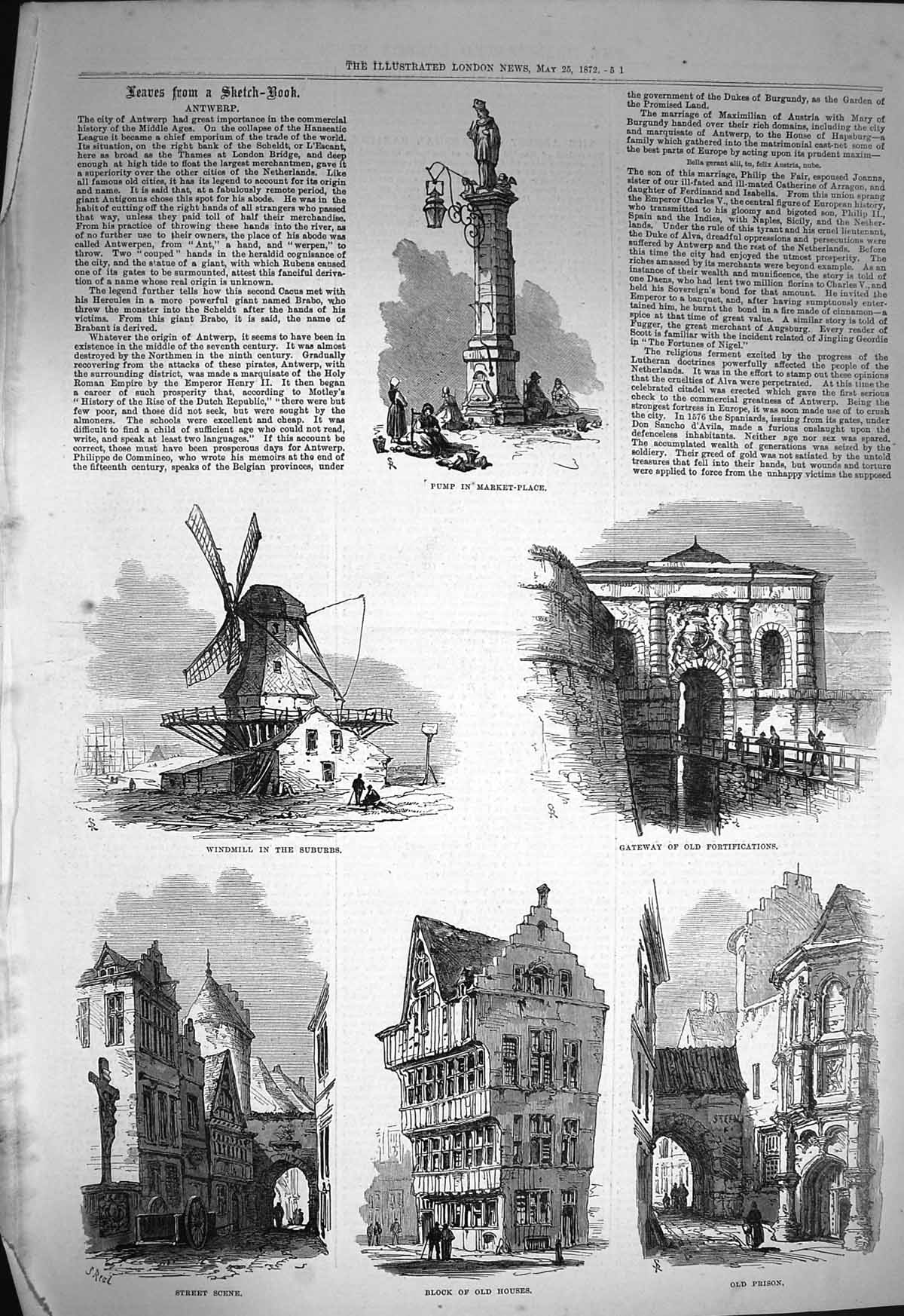 Original Old Antique Print 1872 Antwerp Windmill Prison Houses Fortifications