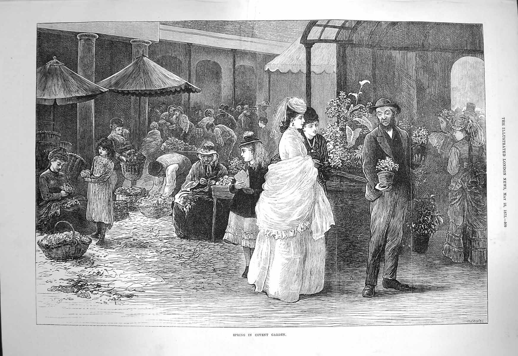 Original Old Antique Print 1872 Spring Covent Garden Flower Market Scene 19th