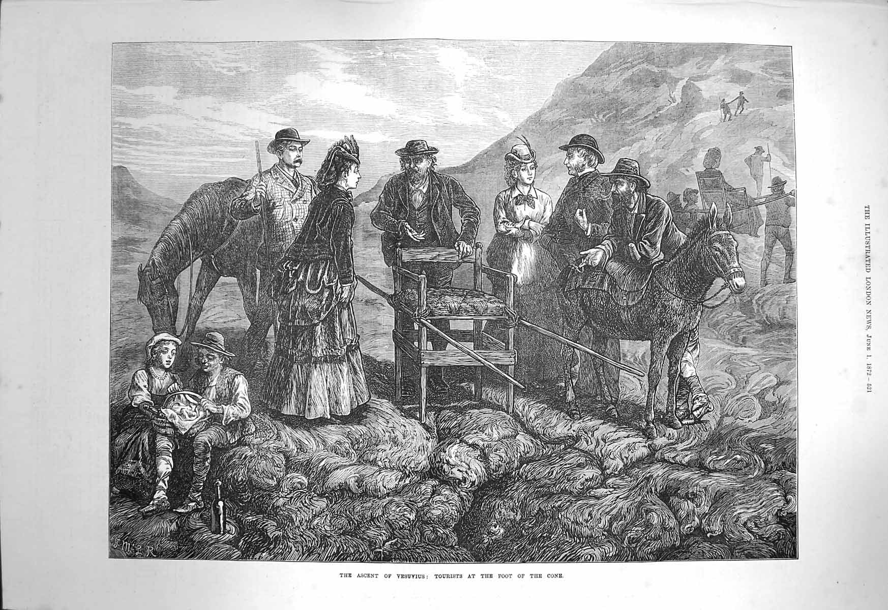 Original Old Antique Print 1872 Ascent Vesuvius Tourists Foot Cone Mountains
