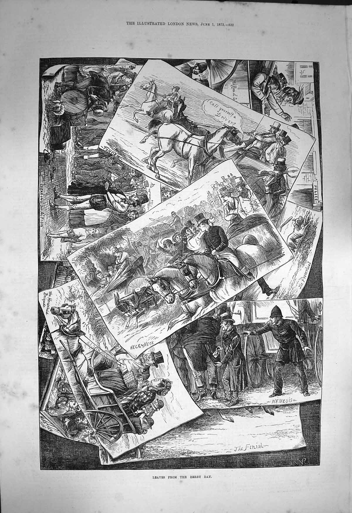 Old Antique Print 1872 Story Derby Day Horse Racing Policeman Transport 19th