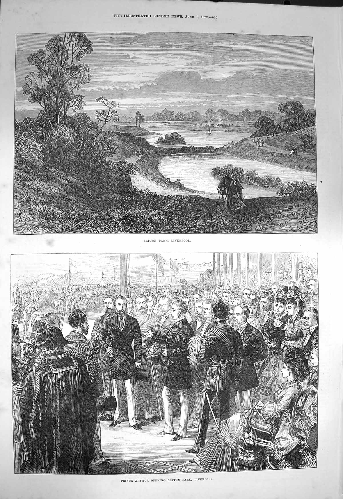 Original Old Antique Print 1872 Sefton Park Liverpool England Prince Arthur