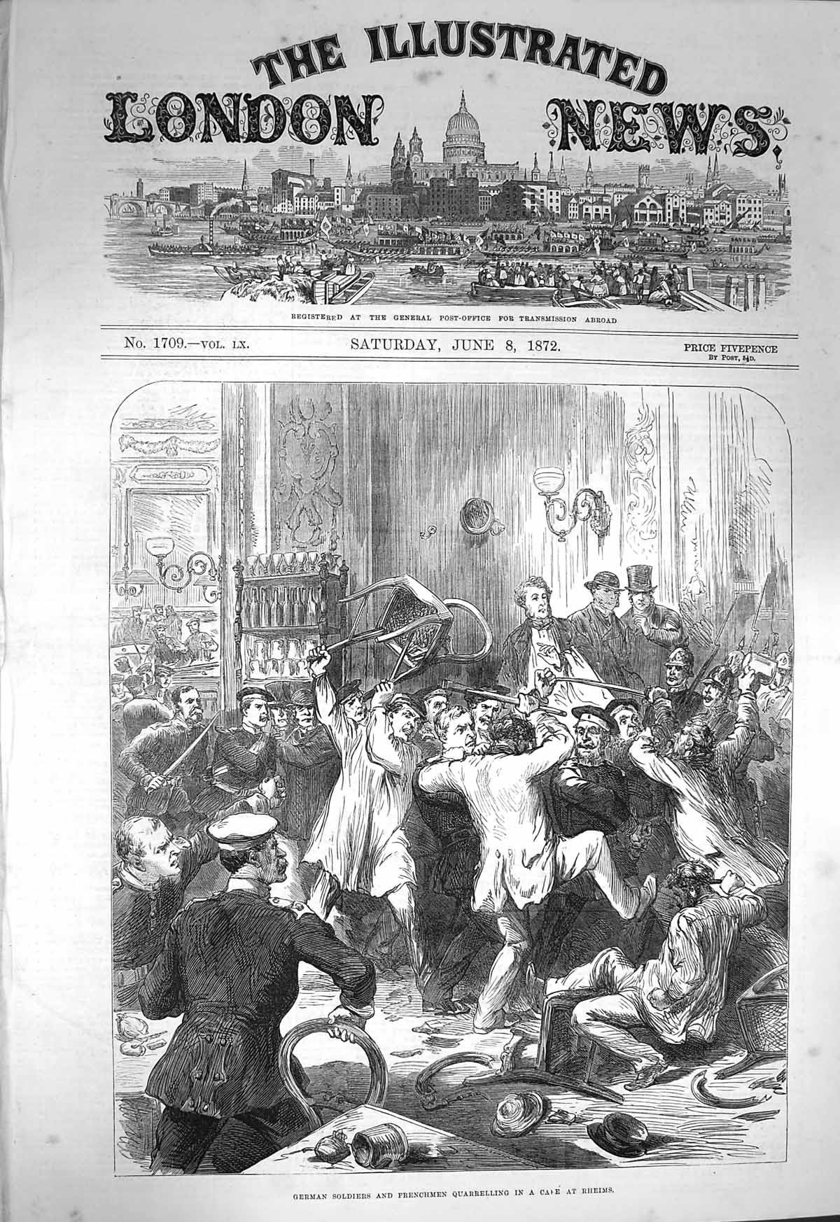 Original Old Antique Print 1872 German Siers Frenchmen Quarrelling CafÇ Rheims