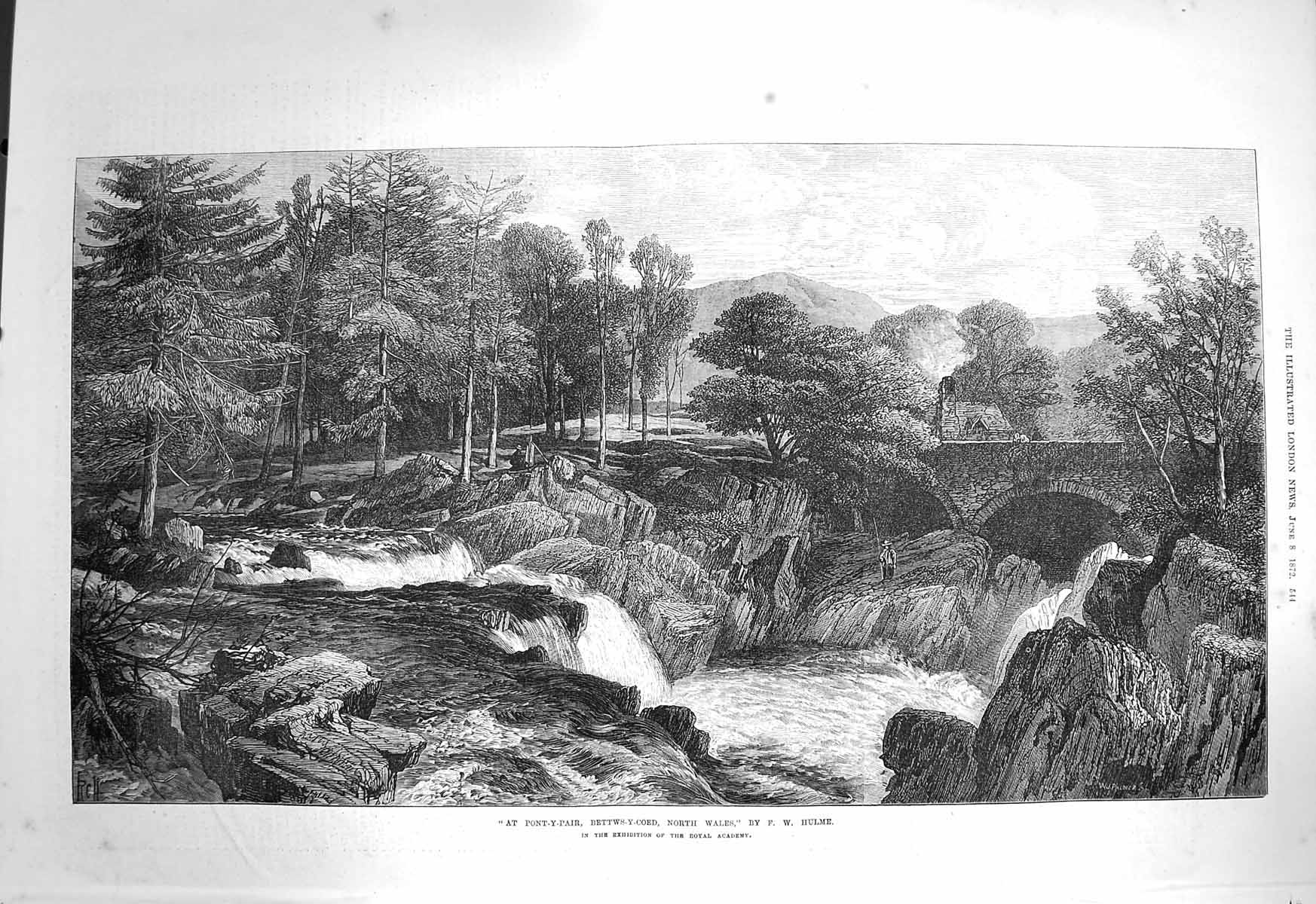 Old Antique Print 1872 Pont-Y-Pair Bettws-Y-Coed North Wales River Bridge 19th