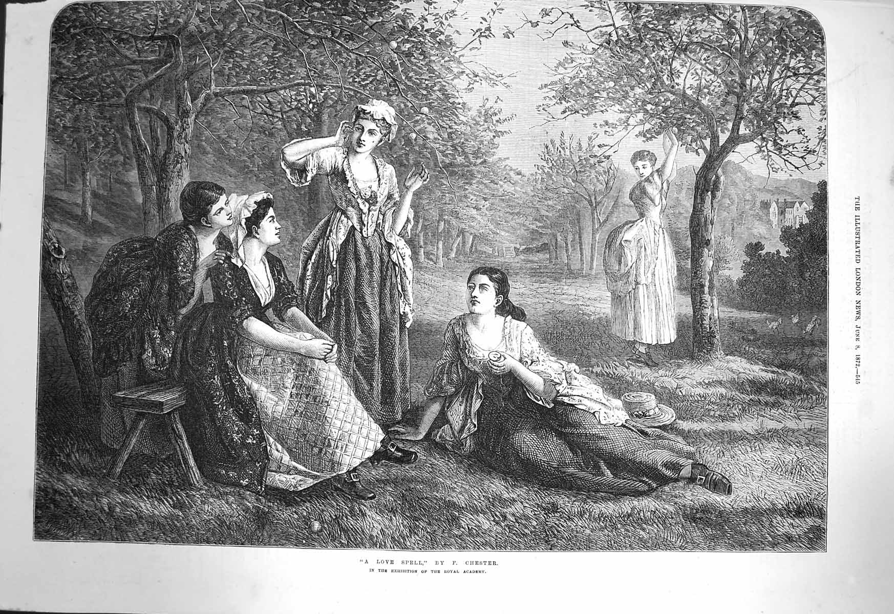 Original Old Antique Print 1872 Love Spell Ladies Women Forest Trees Chester