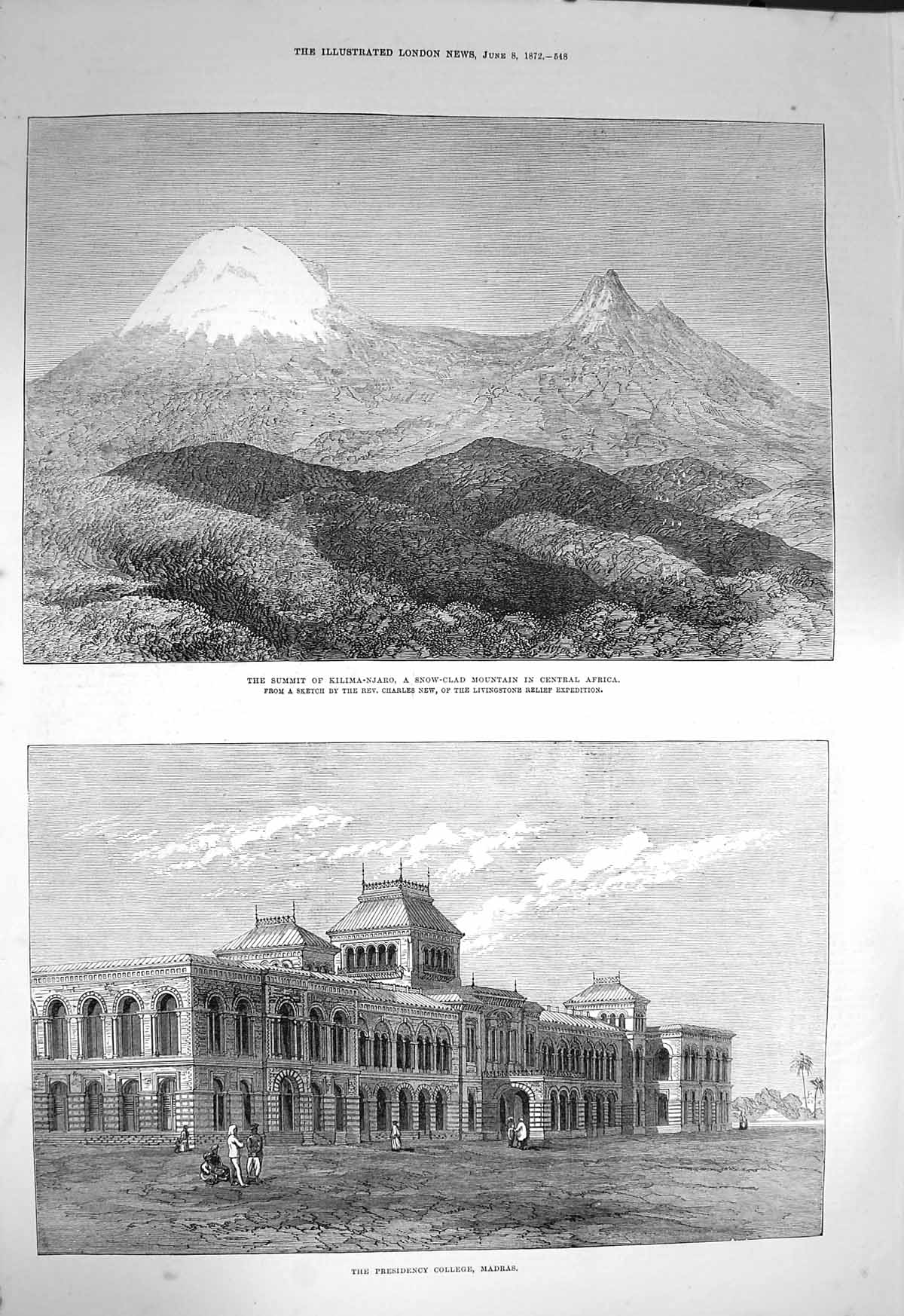Original Old Antique Print 1872 Kilimanjaro Mountains Africa College Madras