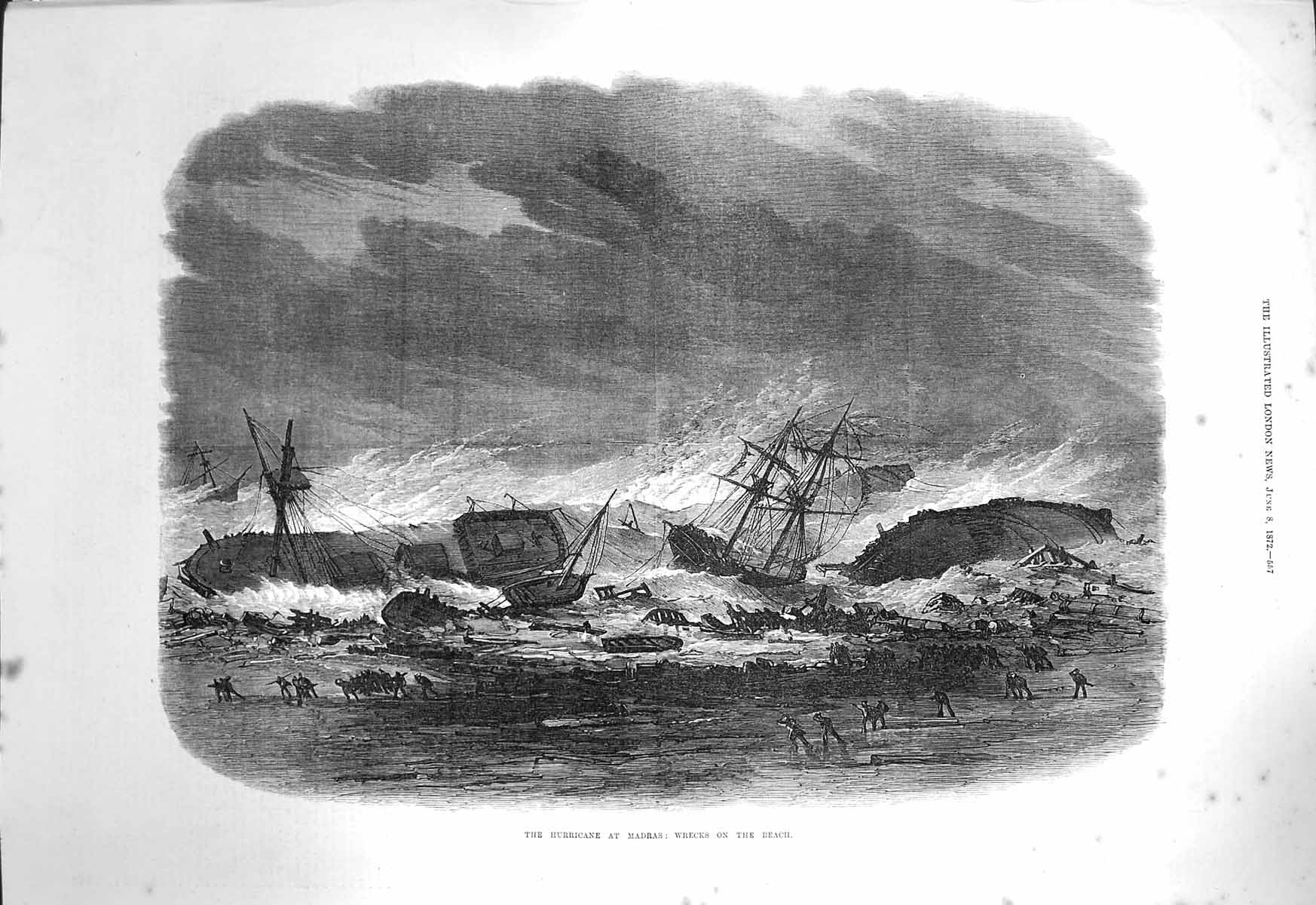 Original Old Antique Print 1872 Hurricane Madras Ship Wreck Beach Fine Art 19th