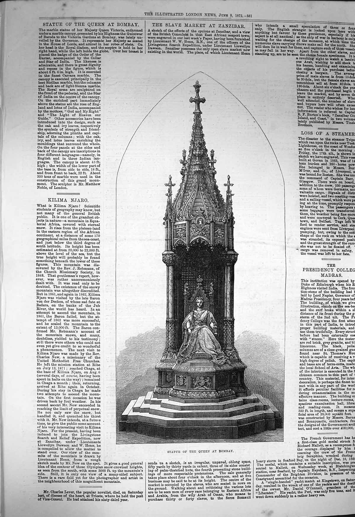 Original Old Antique Print 1872 Statue Queen Bombay India 19th