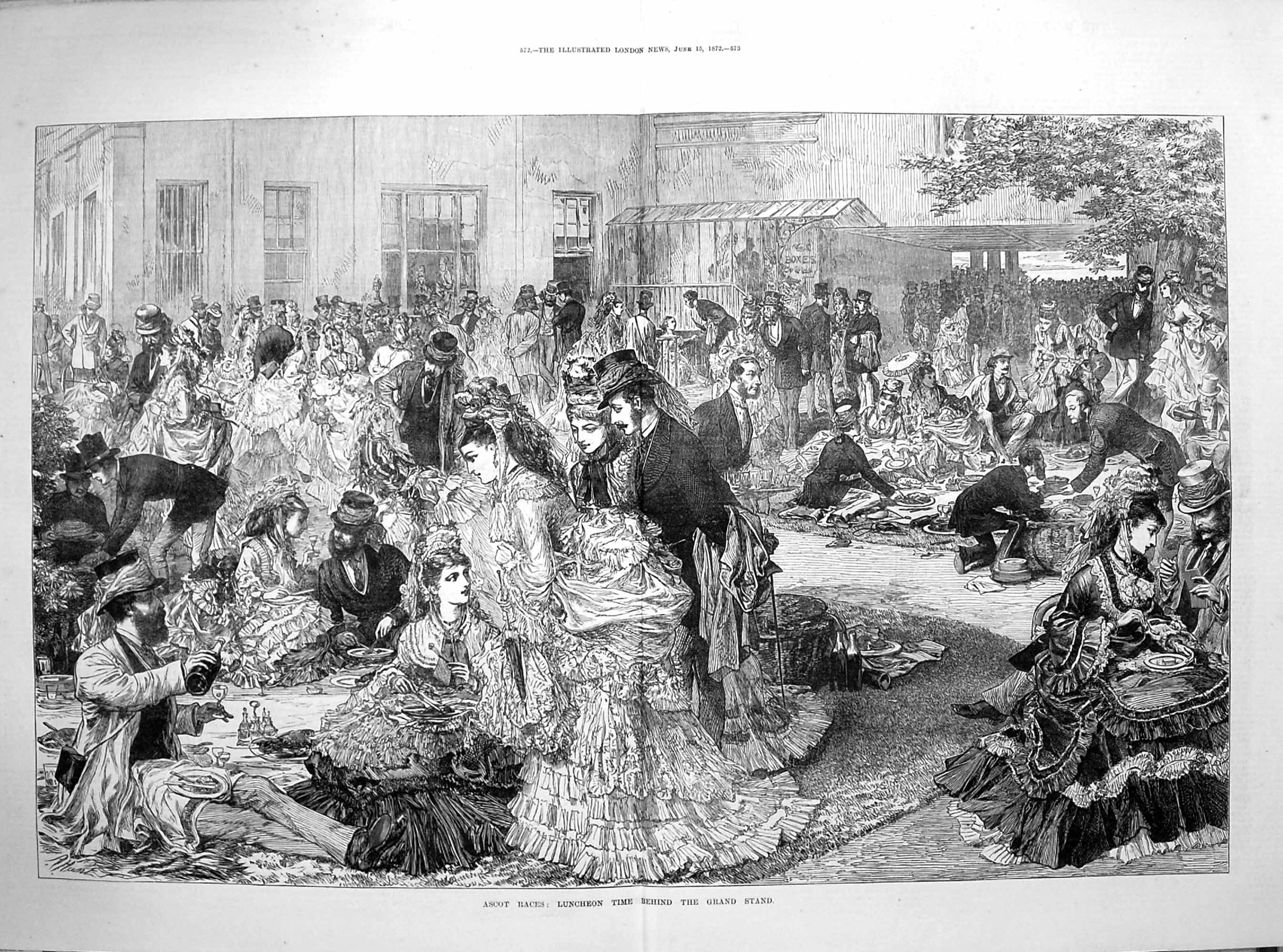 Original Old Antique Print 1872 Ascot Horse Races Luncheon Behind Grand Stand