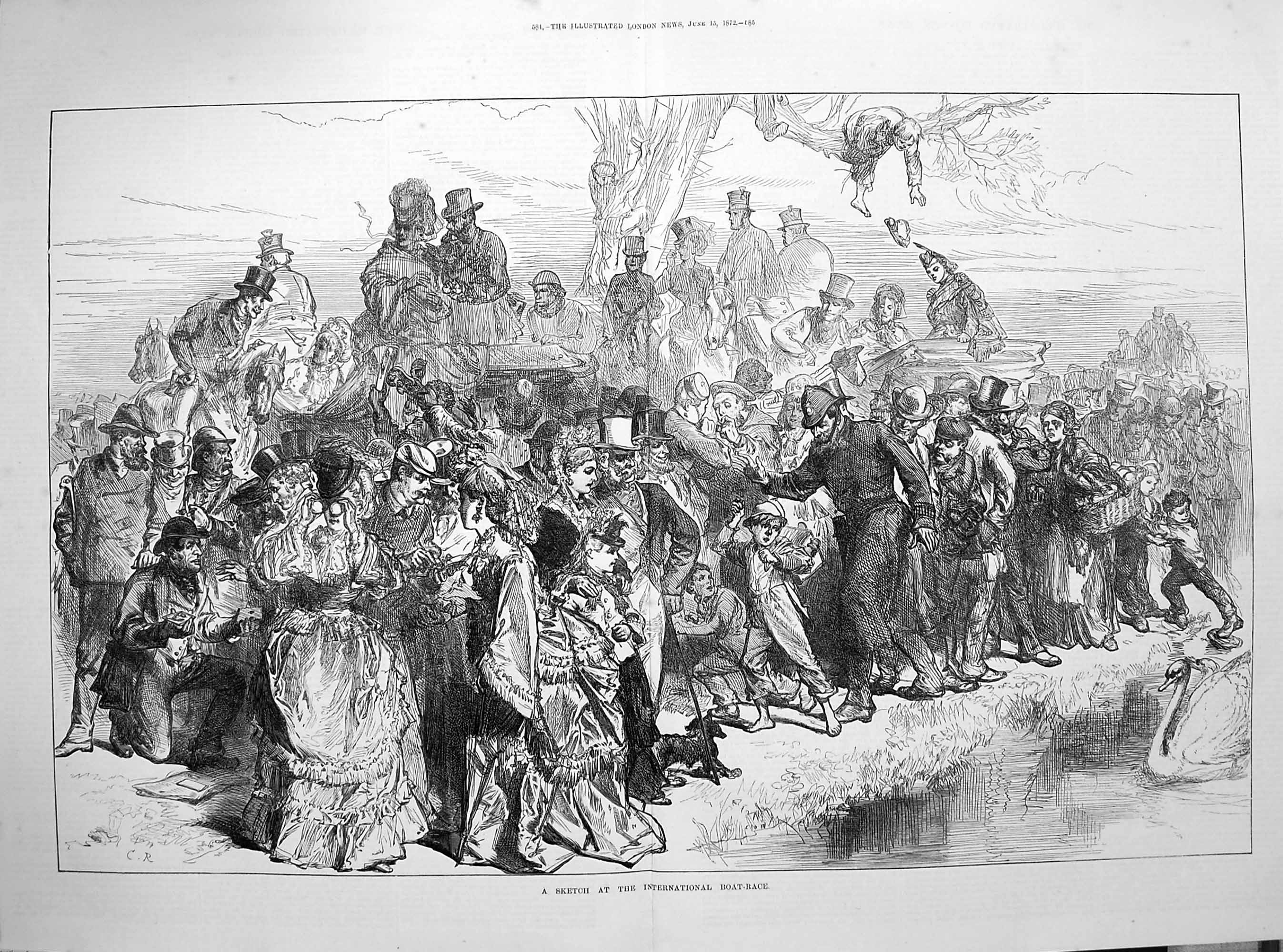 Original Old Antique Print 1872 Sketch International Boat Race Sport Swan 19th
