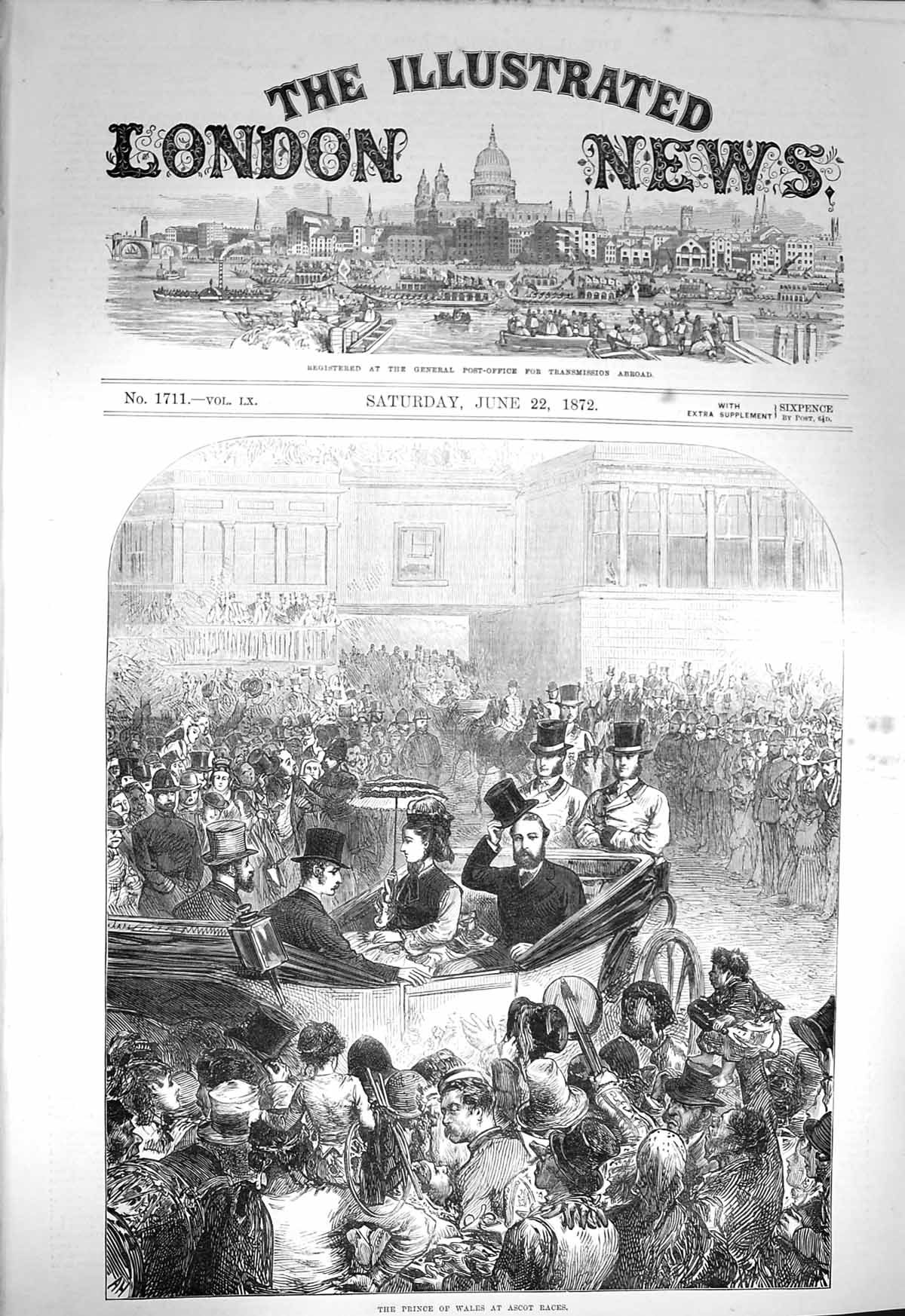 Original Old Antique Print 1872 Prince Wales Ascot Races Carriage Procession