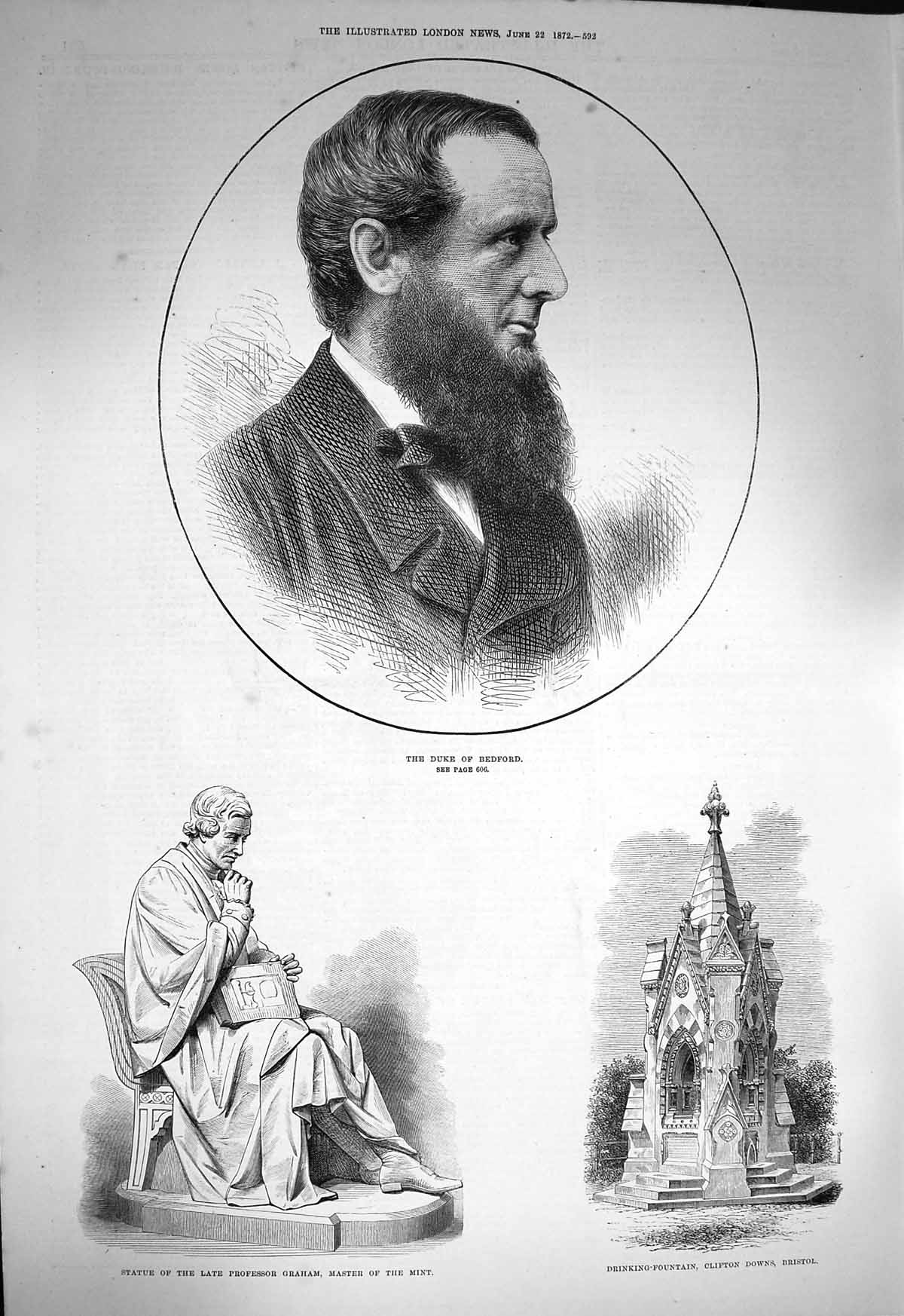 Antique Print *3664 1872 Duke Bedford Statue Graham Fountain Clifton Downs