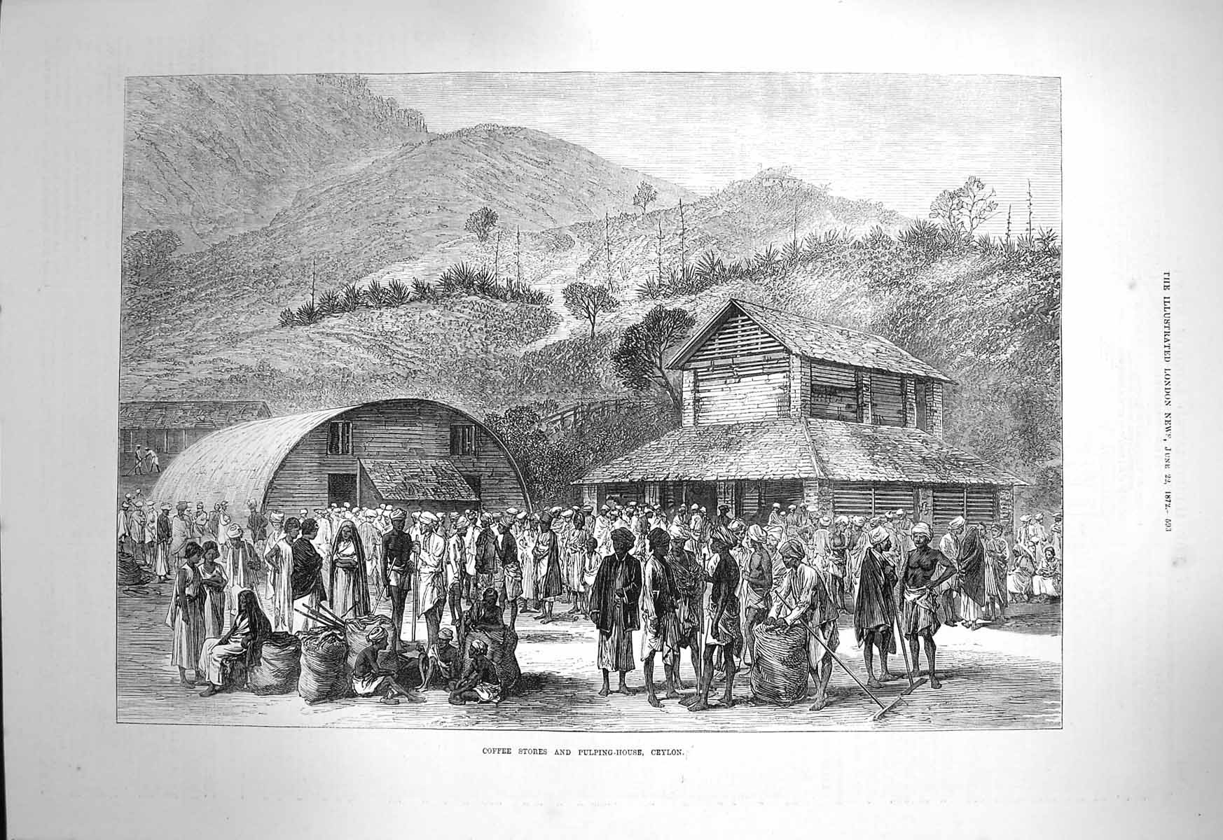 Old Antique Print 1872 Coffee Stores Pulping House Ceylon India Mountains 19th