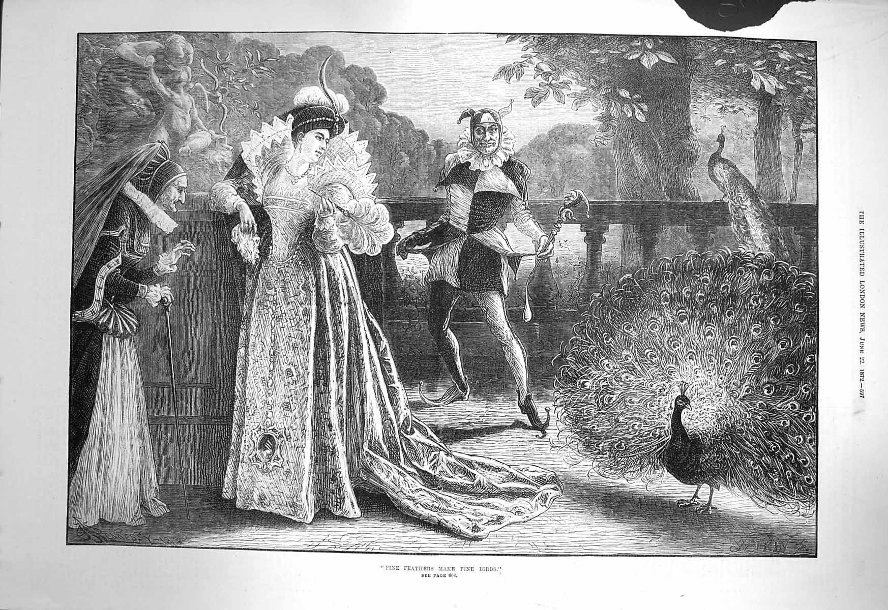 Original Old Antique Print 1872 Fine Feathers Fine Birds Peacocks 19th
