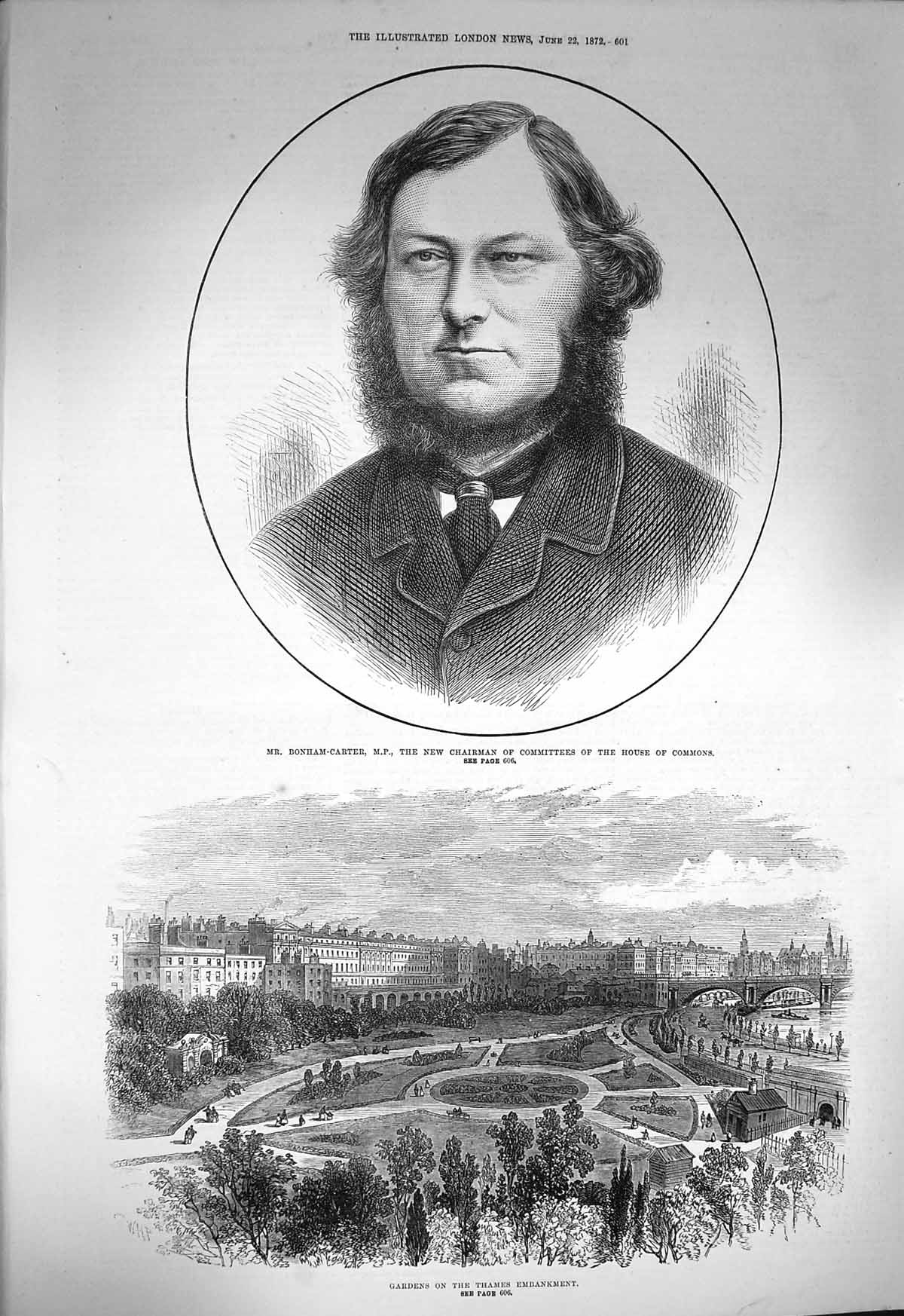 Old Antique Print 1872 Bonham-Carter House Commons Garden Thames London 19th