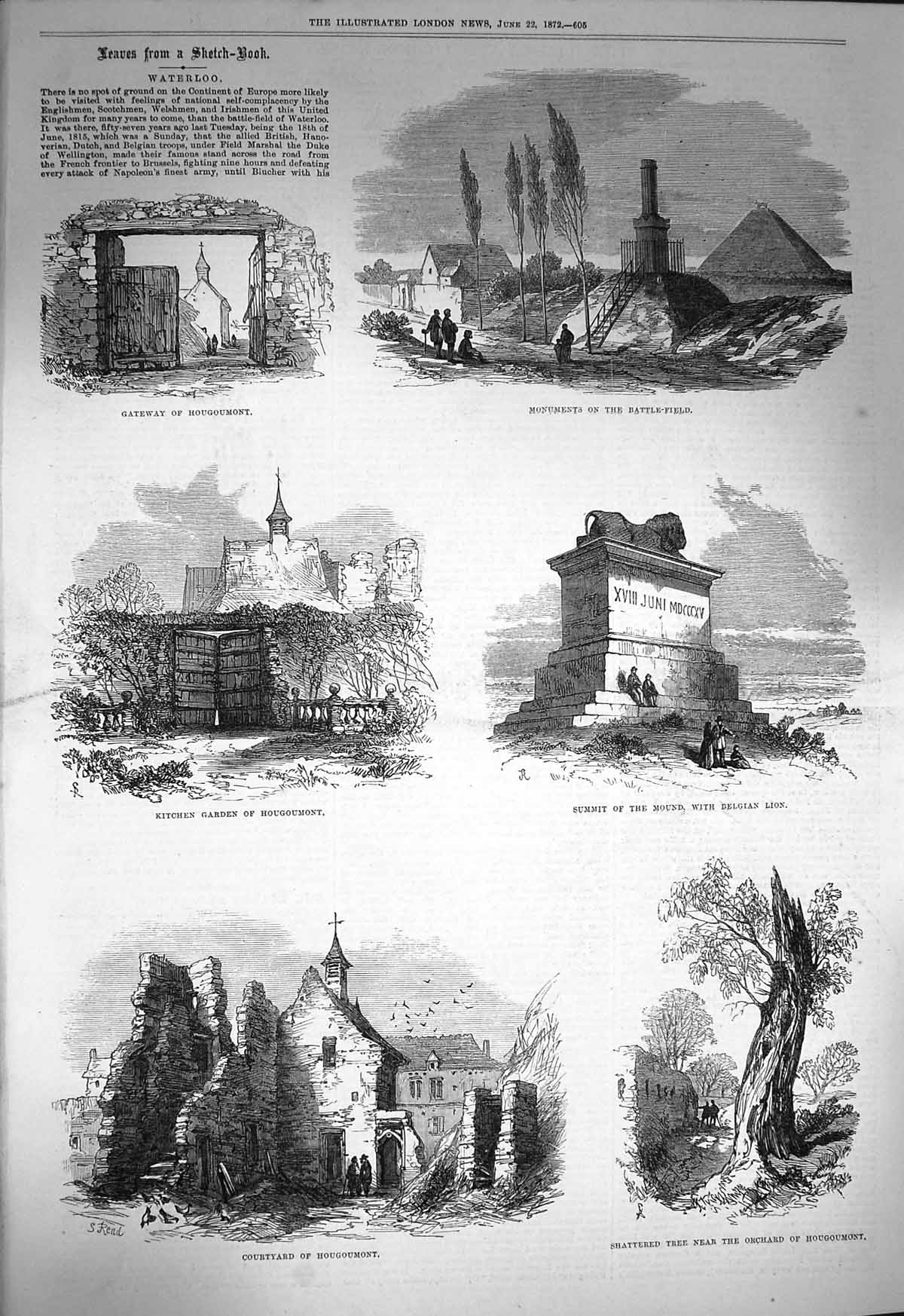 Original Old Antique Print 1872 Waterloo Hougoumont Battle-Field Belgi Victorian