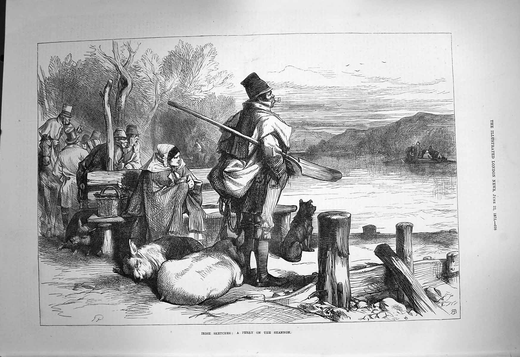 Original Old Antique Print 1872 Ireland Scene Ferry River Shannon Victorian