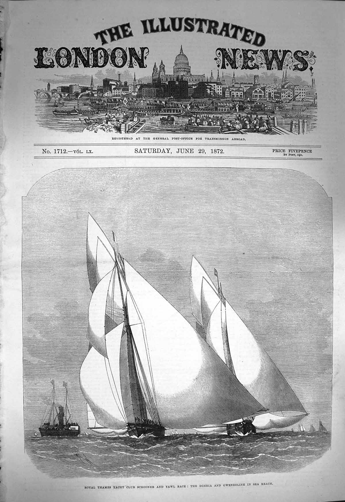 Original Old Antique Print 1872 Yacht Schooner Egeria Gwendoline Se Victorian
