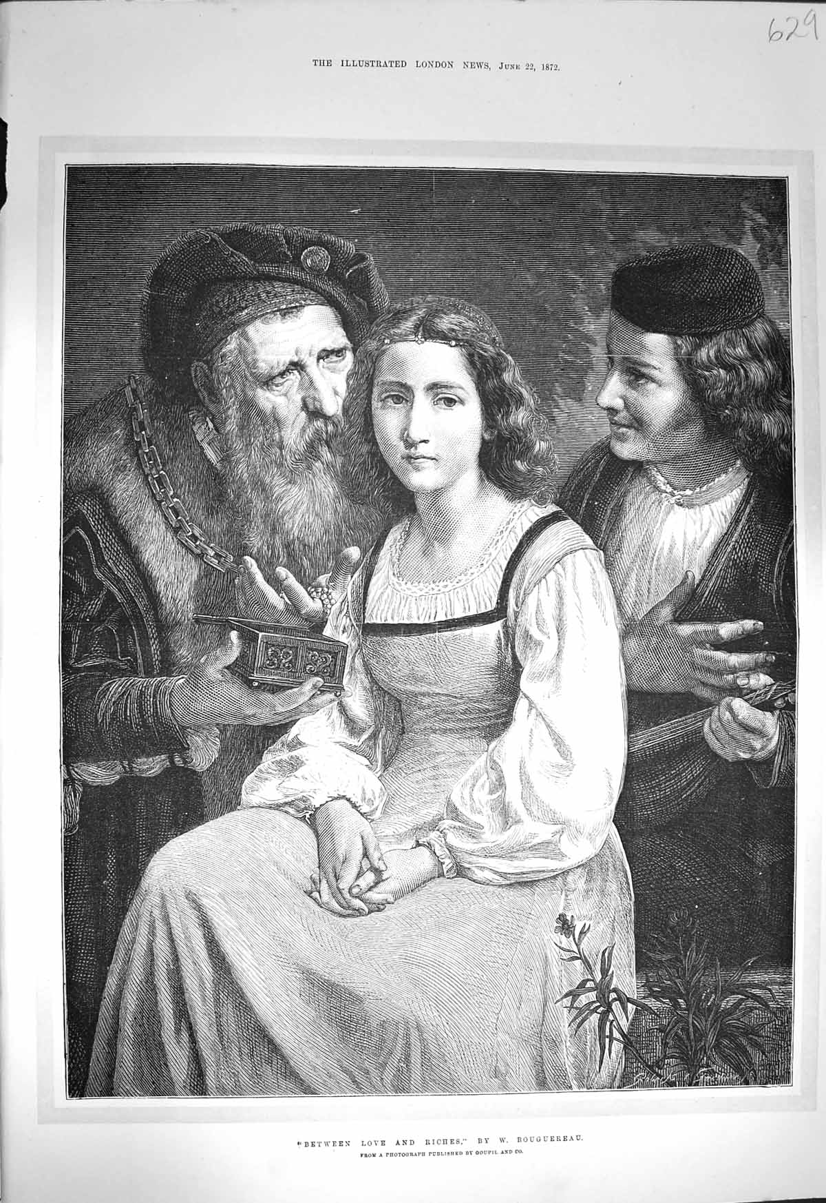 Original Old Antique Print 1872 Romance Between Love Riches Lady Men Bouguereau
