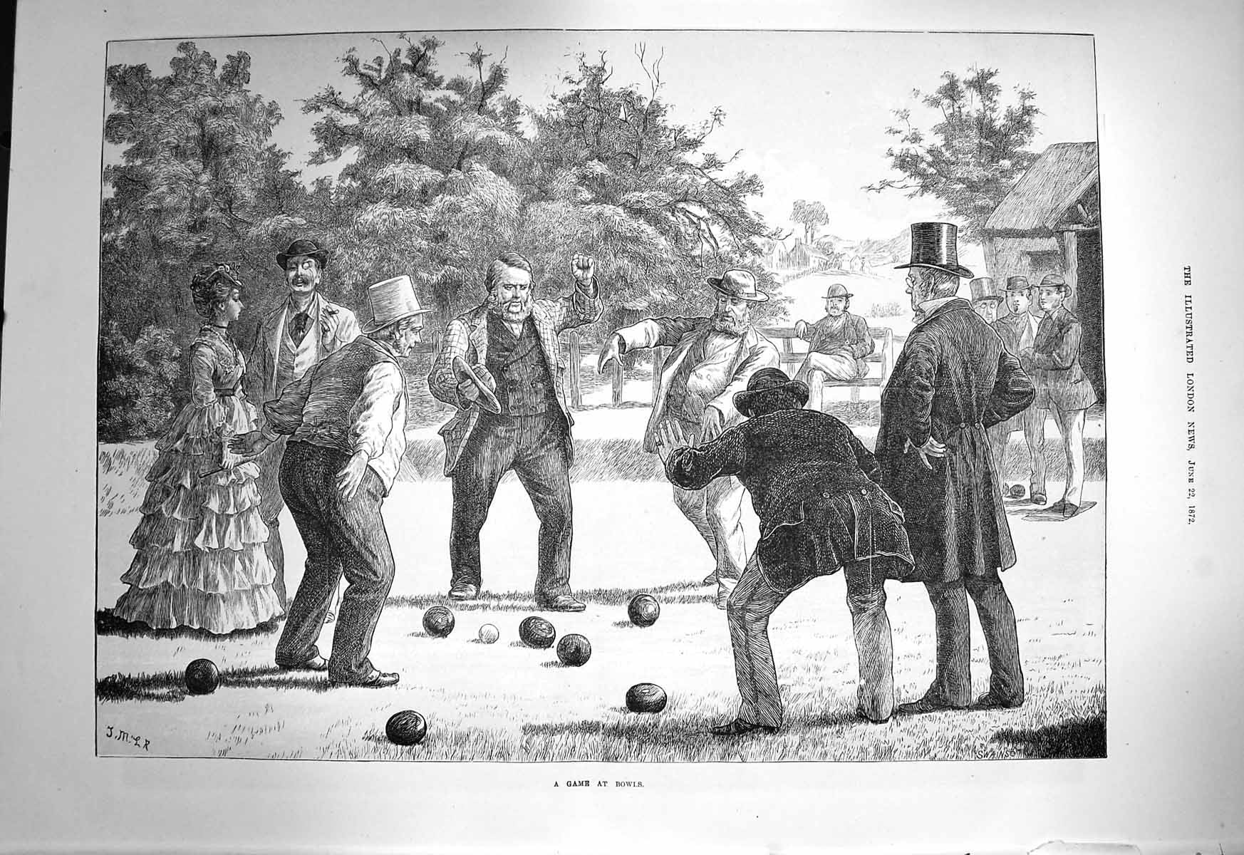 Original Old Antique Print 1872 Game Garden Bowl Sp 19th Century