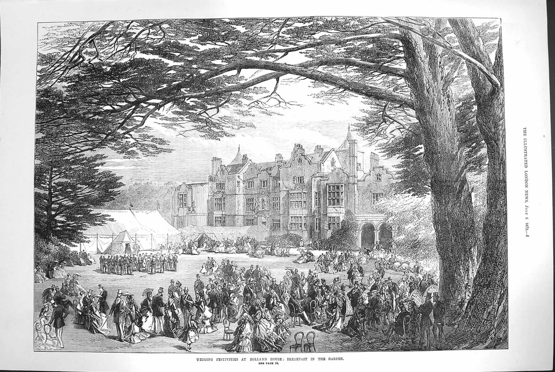 Original Old Antique Print 1872 Wedding Festivities Holland House Garden Scene