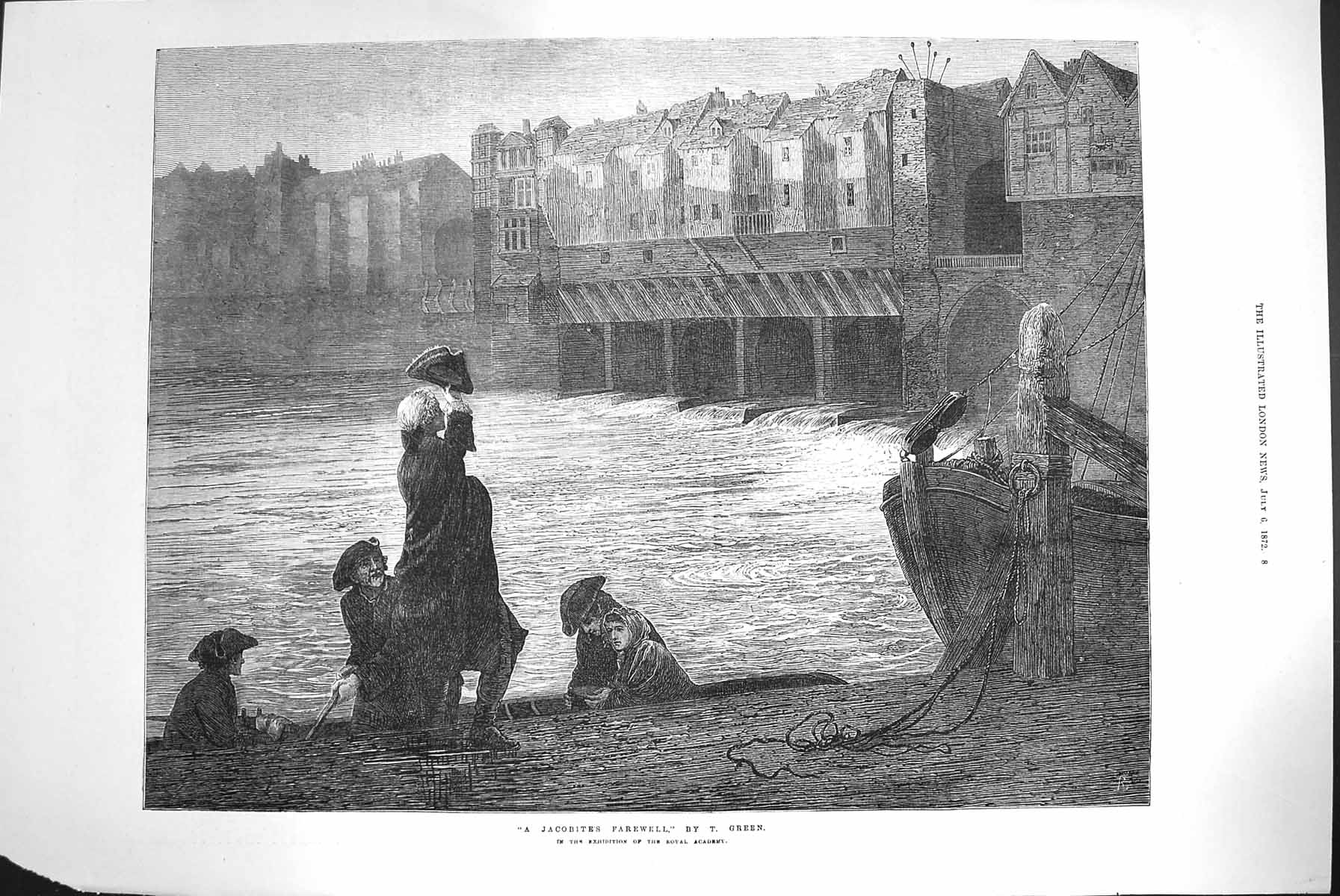 Original Old Antique Print 1872 Jacobite'S Farewell River Boat Fine Art 19th