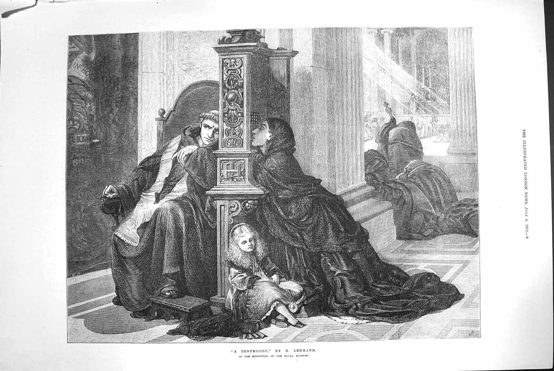 Original Old Antique Print 1872 Church Priest Confession Lady Child Lehmann Art