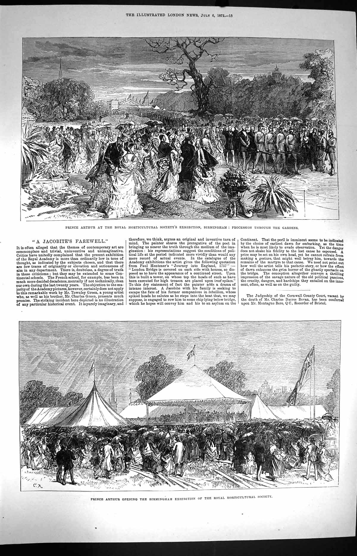 Original Old Antique Print 1872 Prince Arthur Birmingham Exhibition Gardens