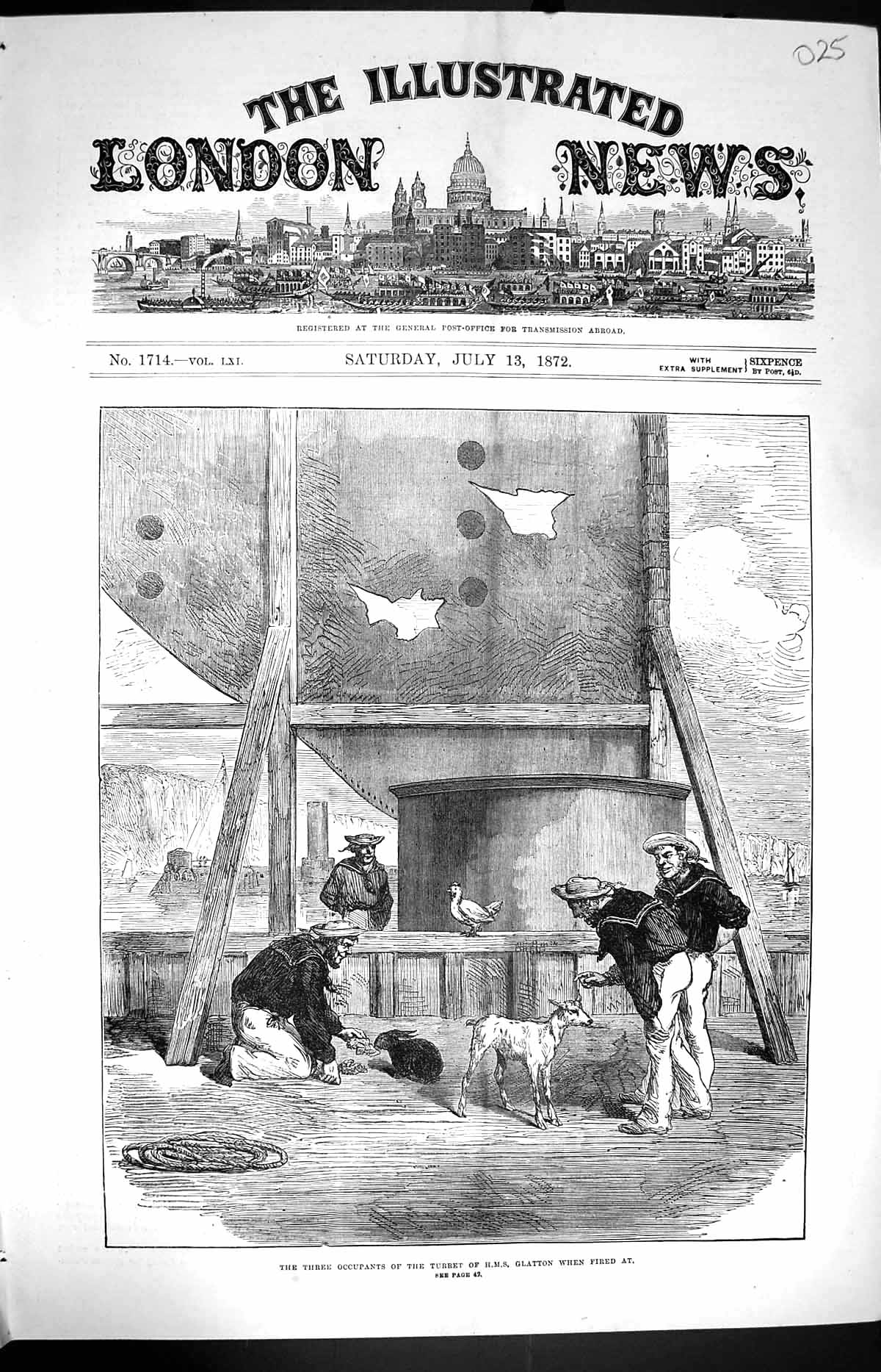 Original Old Antique Print 1872 Turret Ship Glatton Portland Roads Sailors Navy