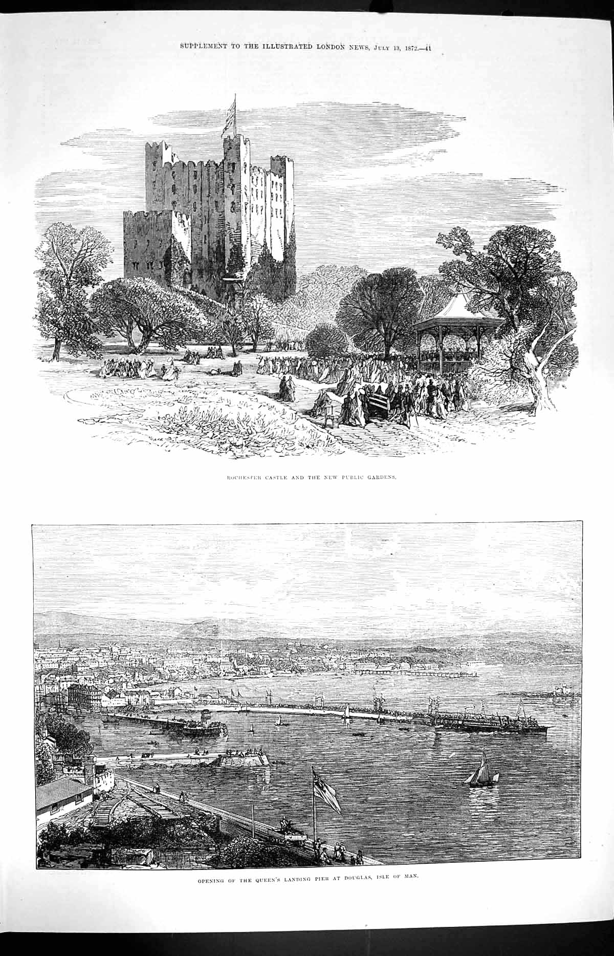 Old Antique Print 1872 Rochester Castle Public Gardens Pier Douglas Isle 19th