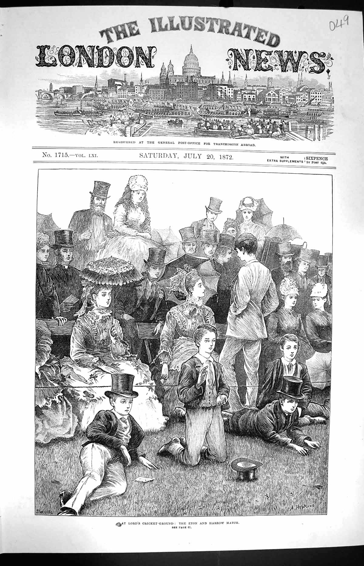 Original Old Antique Print 1872 Lord'S Cricket Ground Eton Harrow Matc Victorian