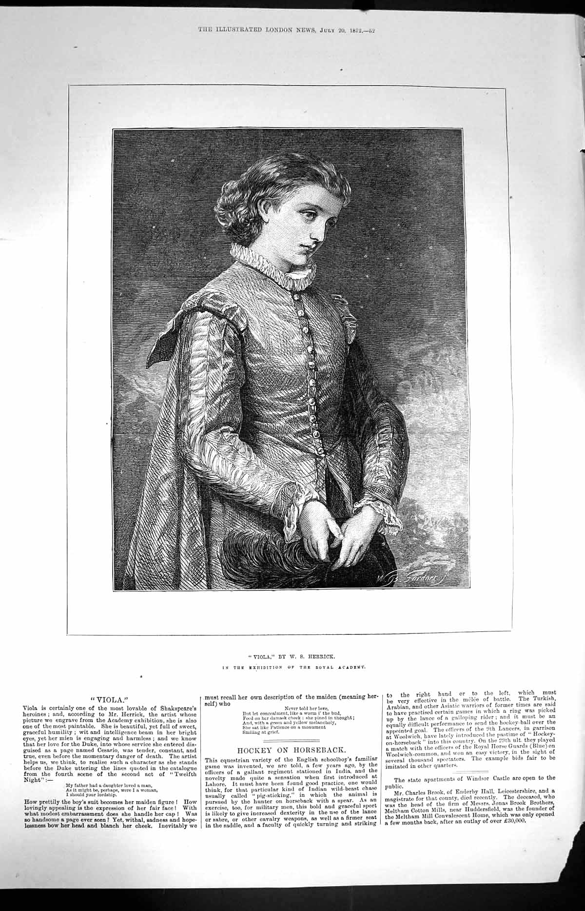 Original Old Antique Print 1872 Portrait Viola Young Man Herrick 19th