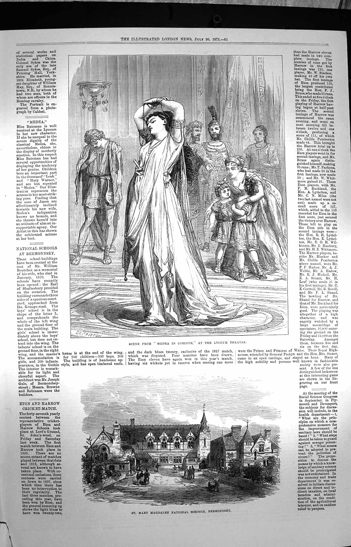 Original Old Antique Print 1872 Mary Magdalen School Bermondsey Lyceum Theatre