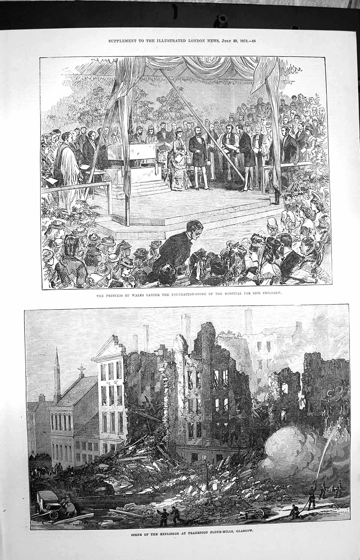 Original Old Antique Print 1872 Princess Wales Sick Children Flour Mill Glasgow