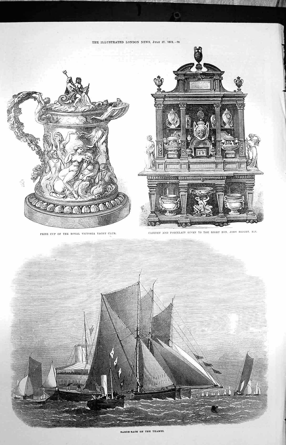 Original Old Antique Print 1872 Barge Race River Thames Cabinet John Bright Cup