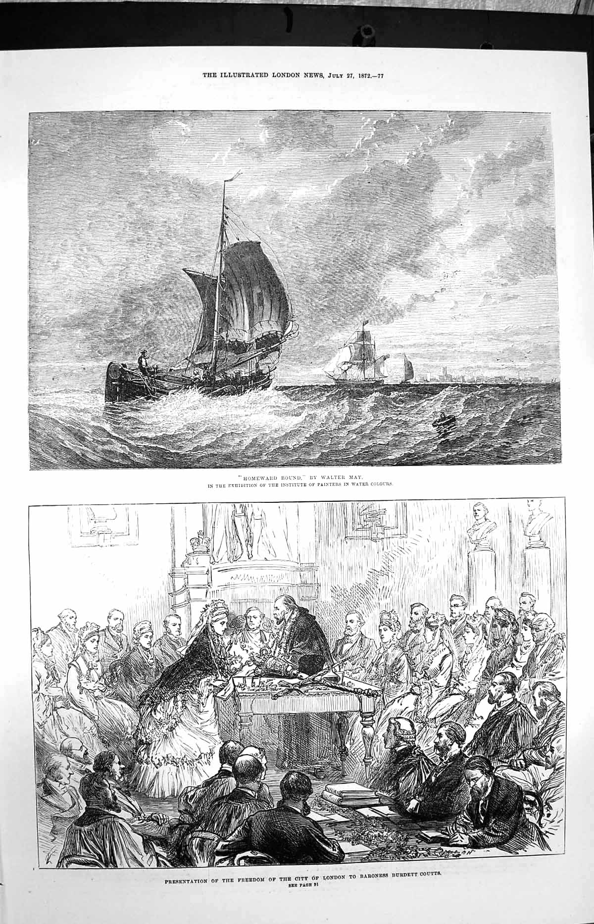 Old Antique Print 1872 Freedom City London Baroness Burdett Couts Ships 19th